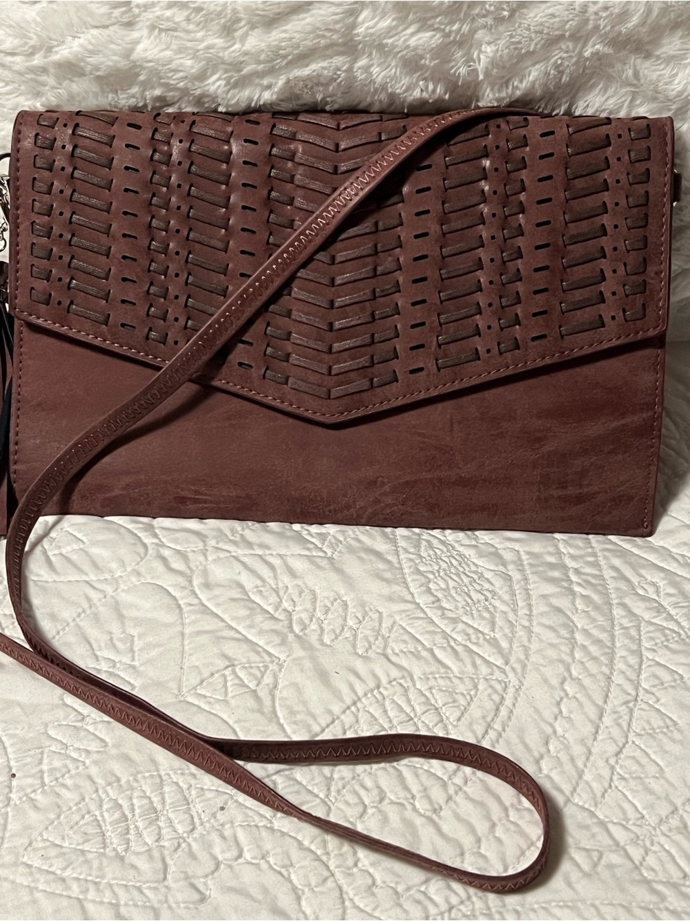 Unk Burgundy Woven Flap Crossbody Clutch